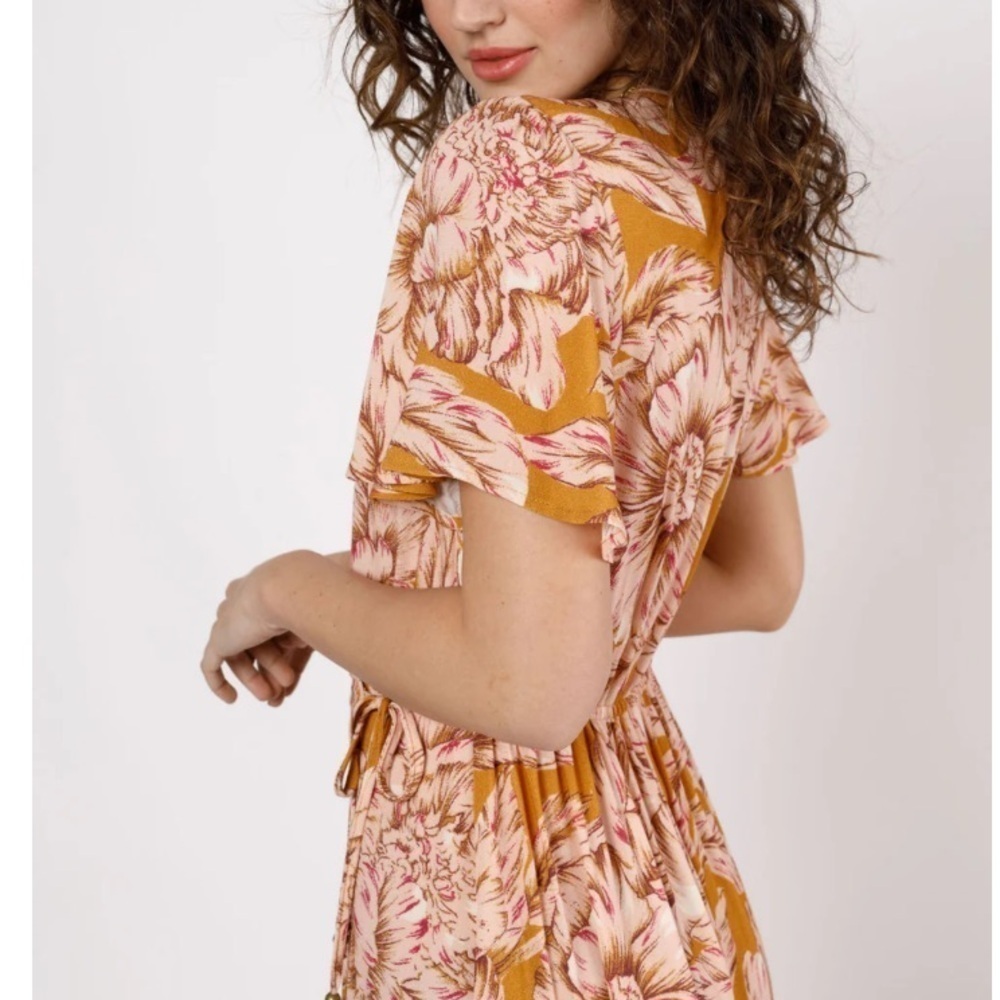 Band of the free nwt gold blush pink floral faux wrap midi dress